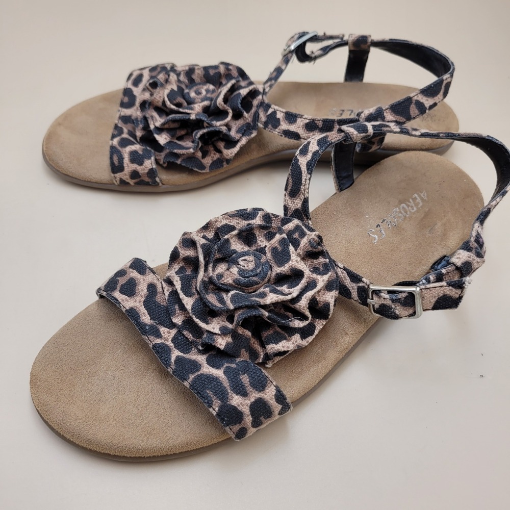 Aerosoles Womens Leopard Print Rosette Flat Sandals Brown Black Size 6 comfort